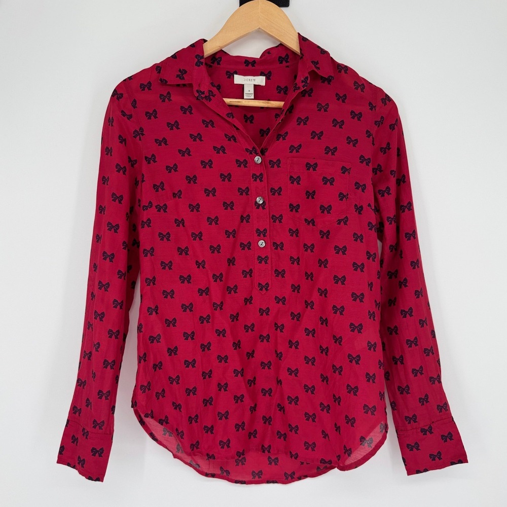 J.Crew Bow Print Silk Cotton Blouse Sz 0 Red Navy Coquette Balletcore Preppy Top